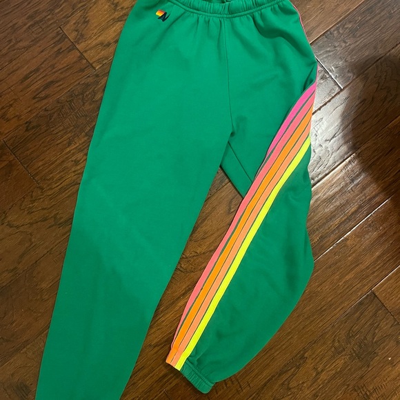 Aviator Nation Pants - Aviator Nation Green Sweatpants with Pink Orange and Yellow Stripes